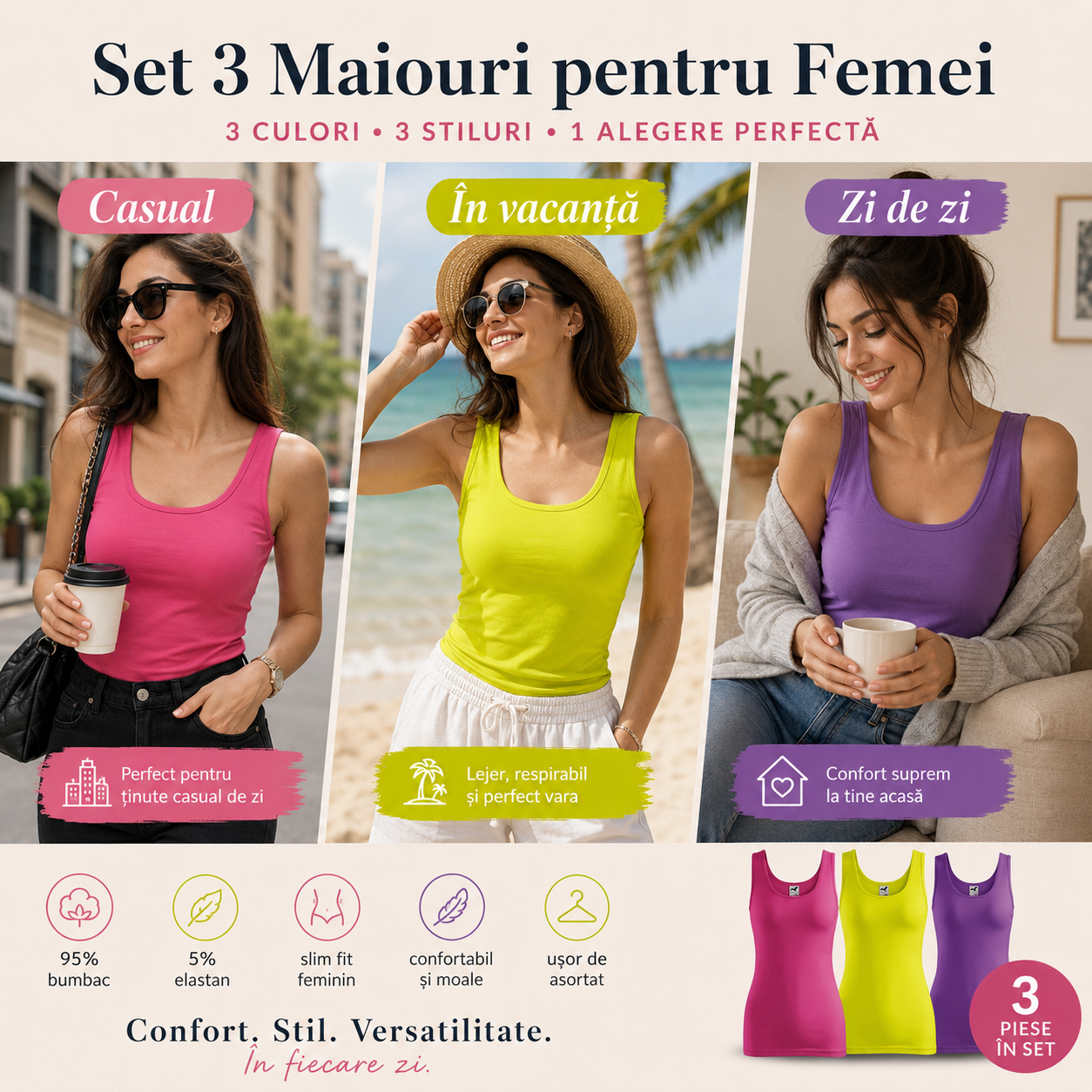 Caracteristici set 3 topuri damă, 95% bumbac, 5% elastan, slim fit, culori violet galben purpuriu